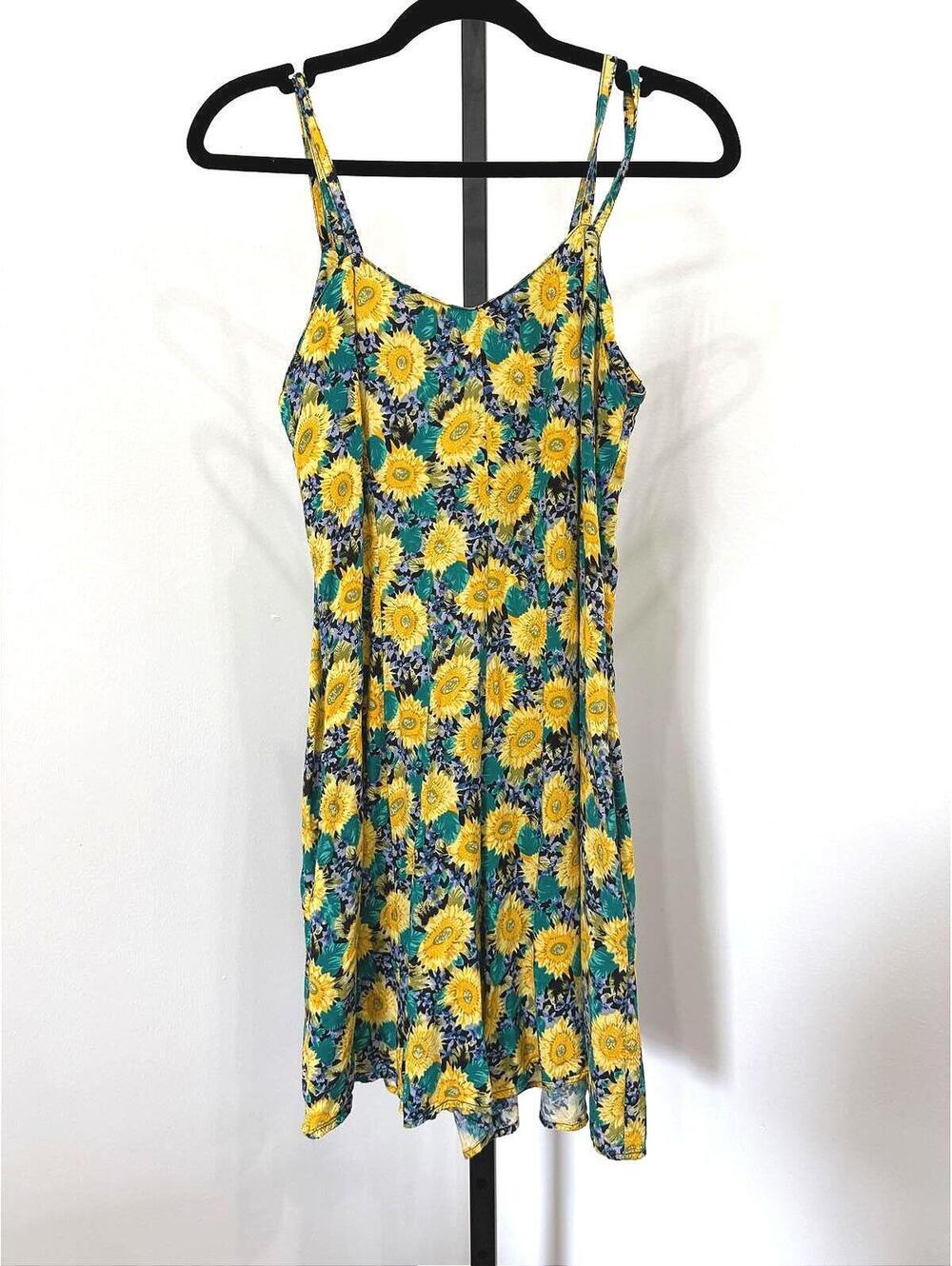 y2k mini dress Yellow Sunflower Print Spaghetti Strap Dress Vintage Small - Picture 1 of 7
